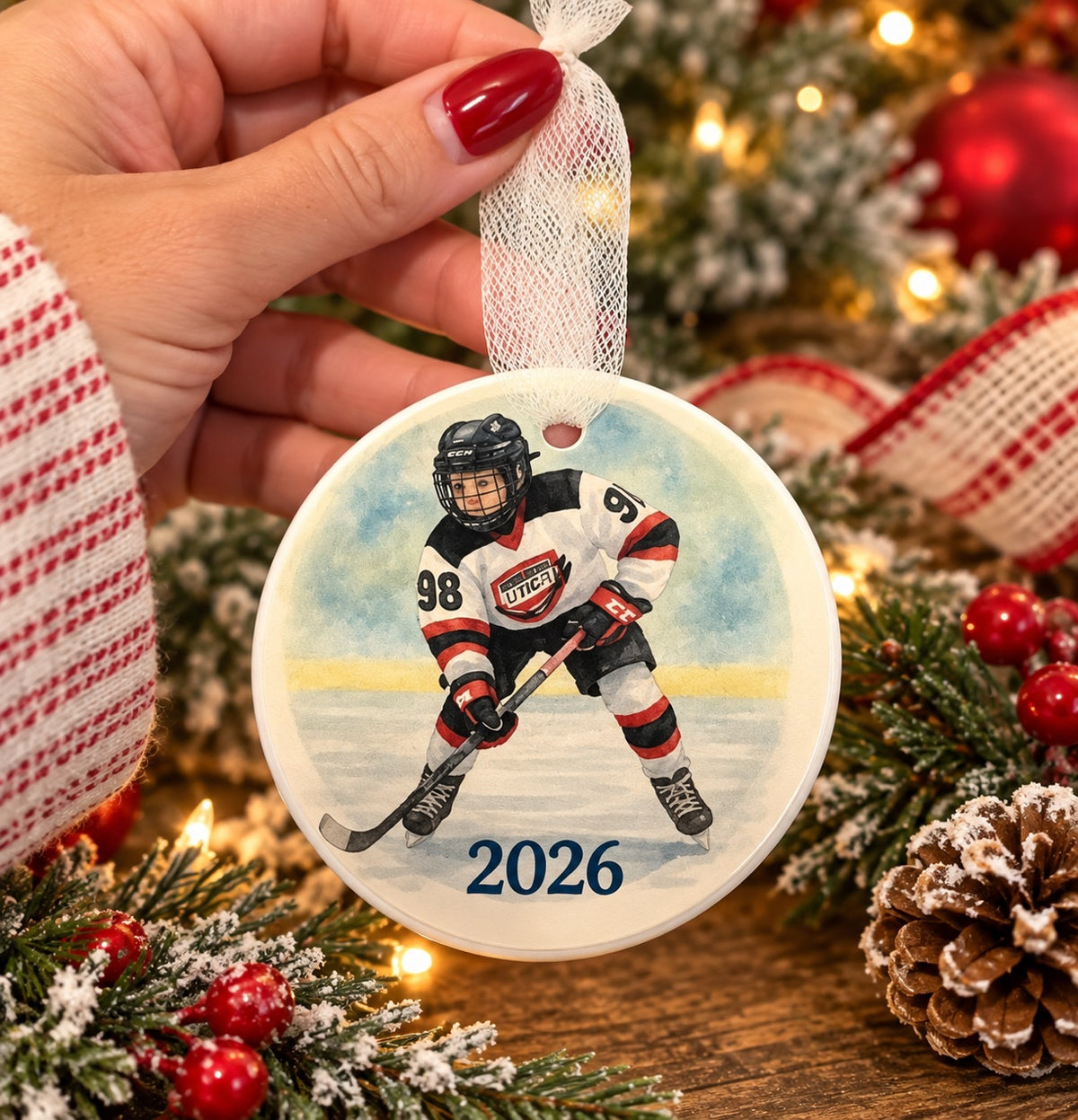 Athlete photo ornament with ribbon