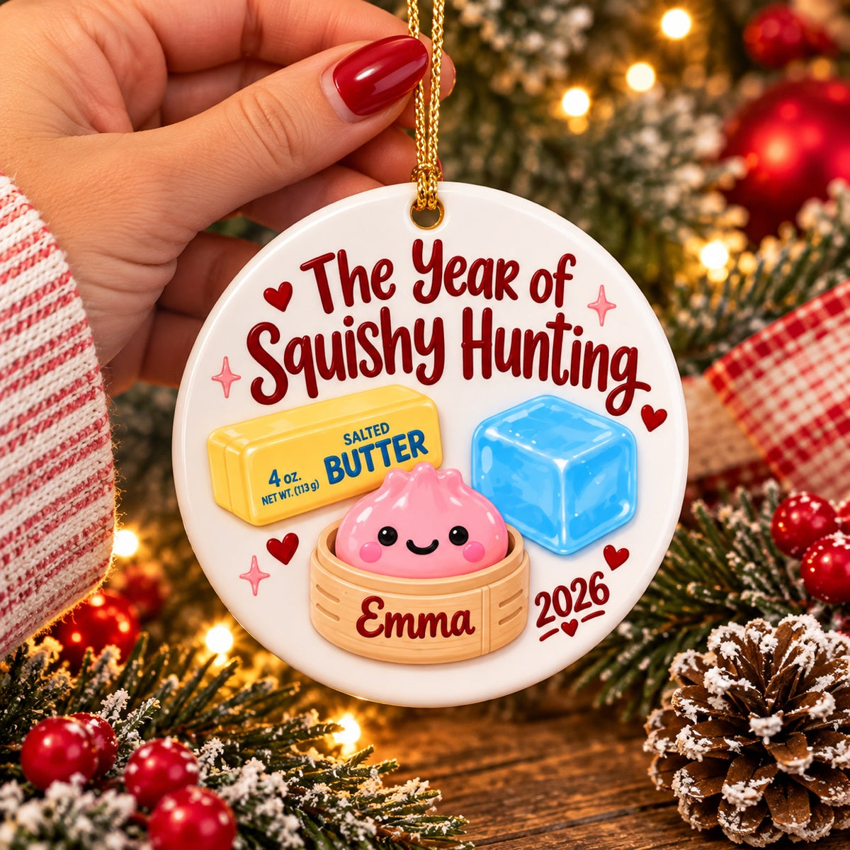 Squishy dumpling year of squishy hunting ornament with gold ribbon