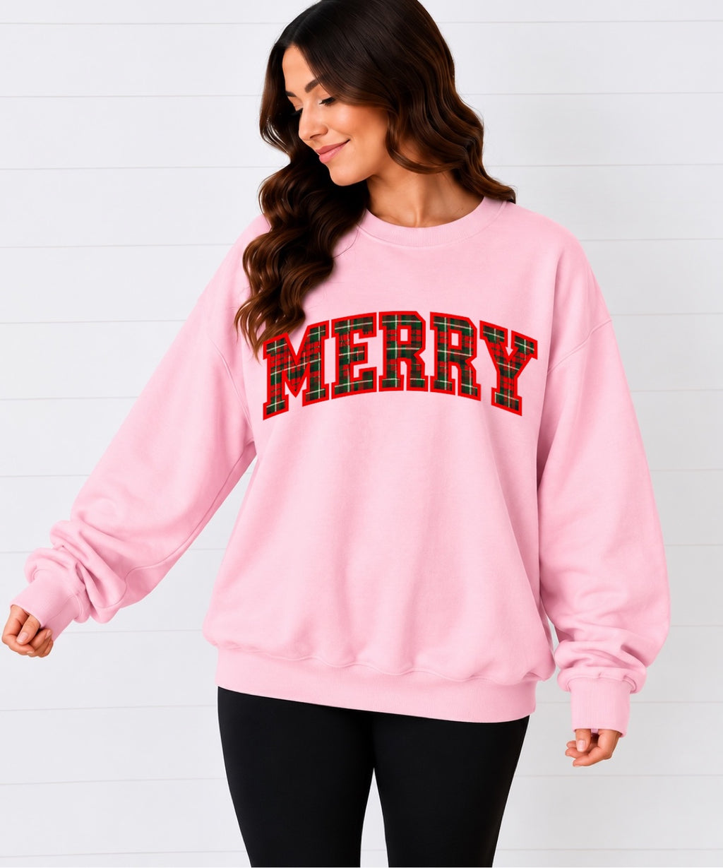 Merry Plaid Sweatshirt in pink — front view