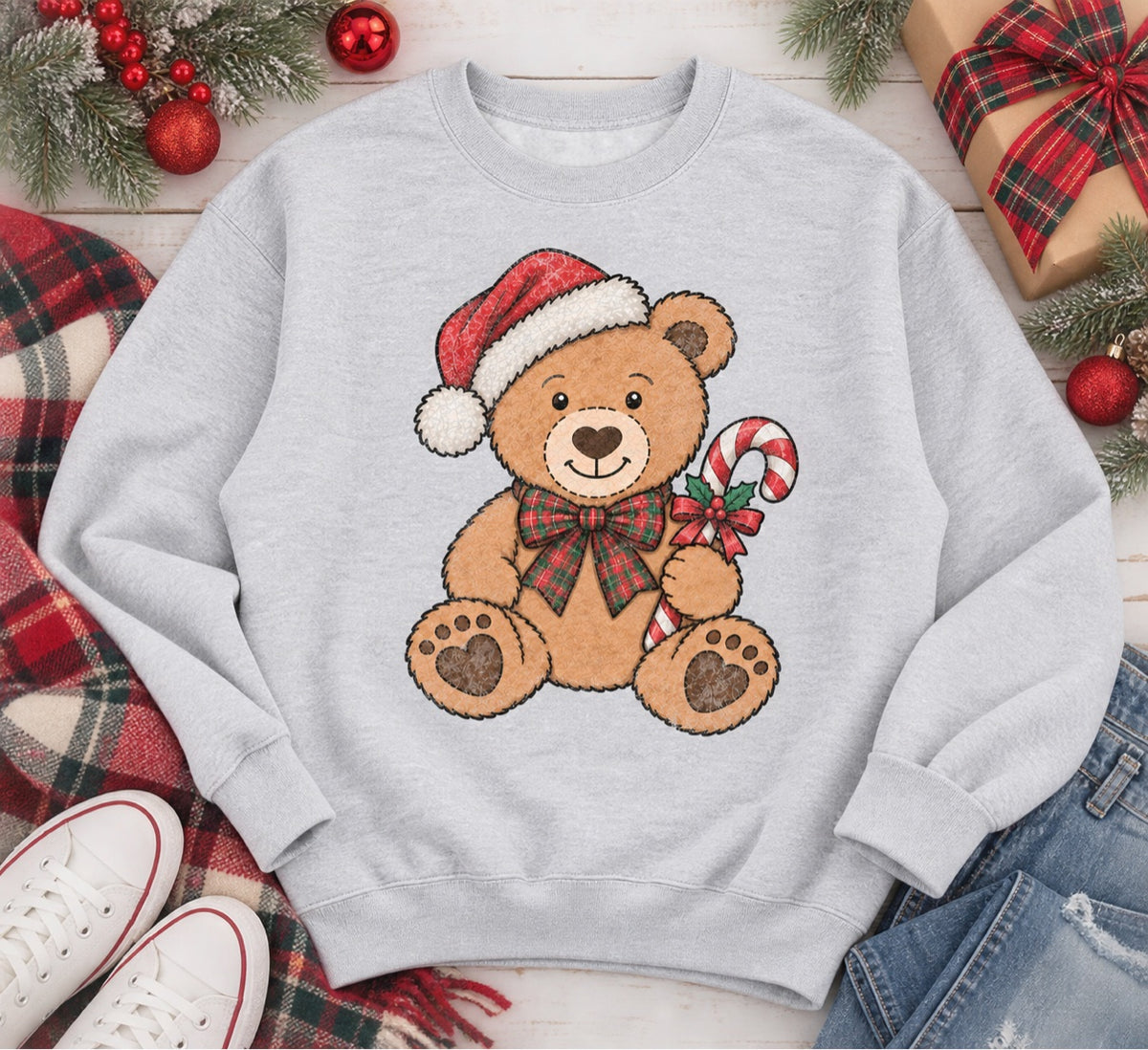 Vintage Christmas Teddy Bear Sweatshirt in gray — flat lay