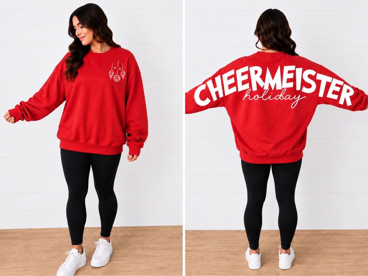 Cheermeister Holiday Big Back Sweatshirt in red — front and back views